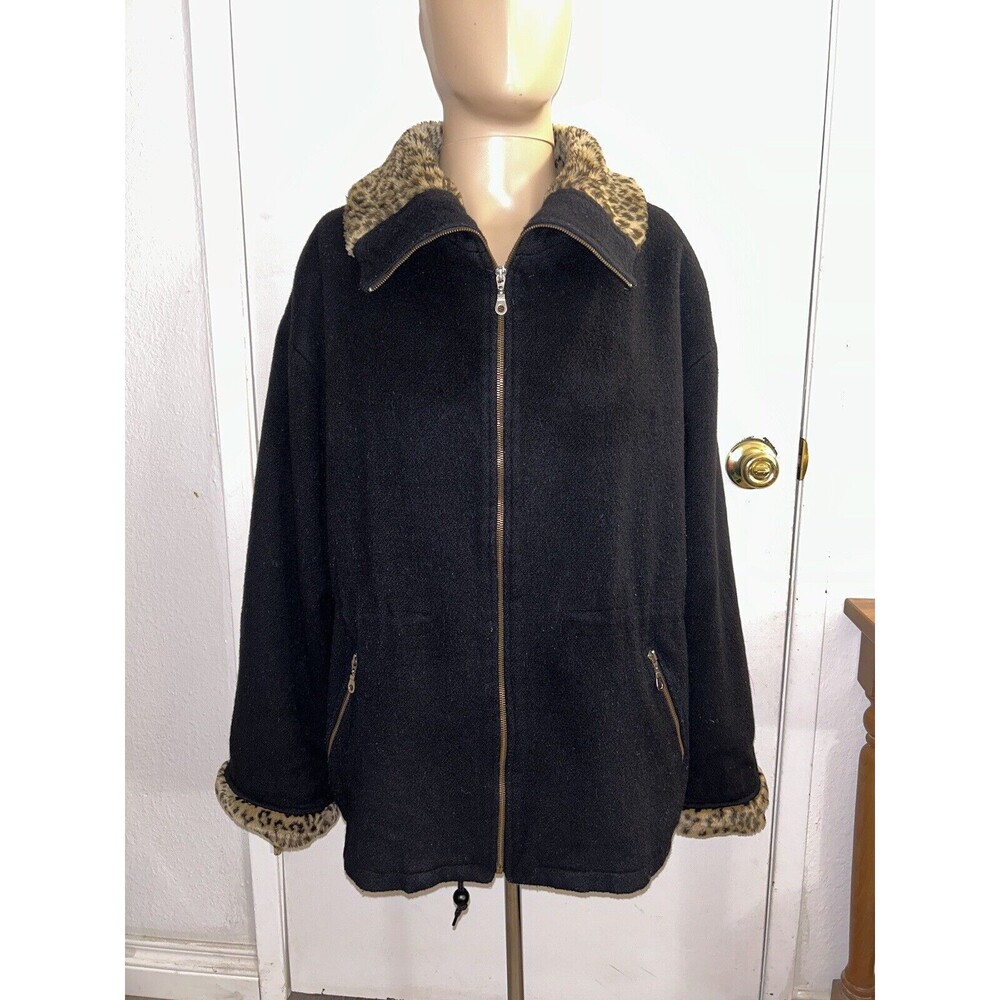 CH By Carolina Herrera Zio Front Black Jacket Coat Faux Fur Trim Made USA Sz L